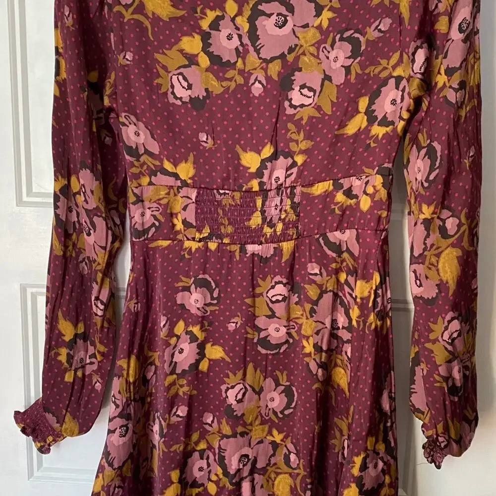 Free People Burgundy Satin Mini Dress V-Neck Size 4 Pink & Yellow Flowers